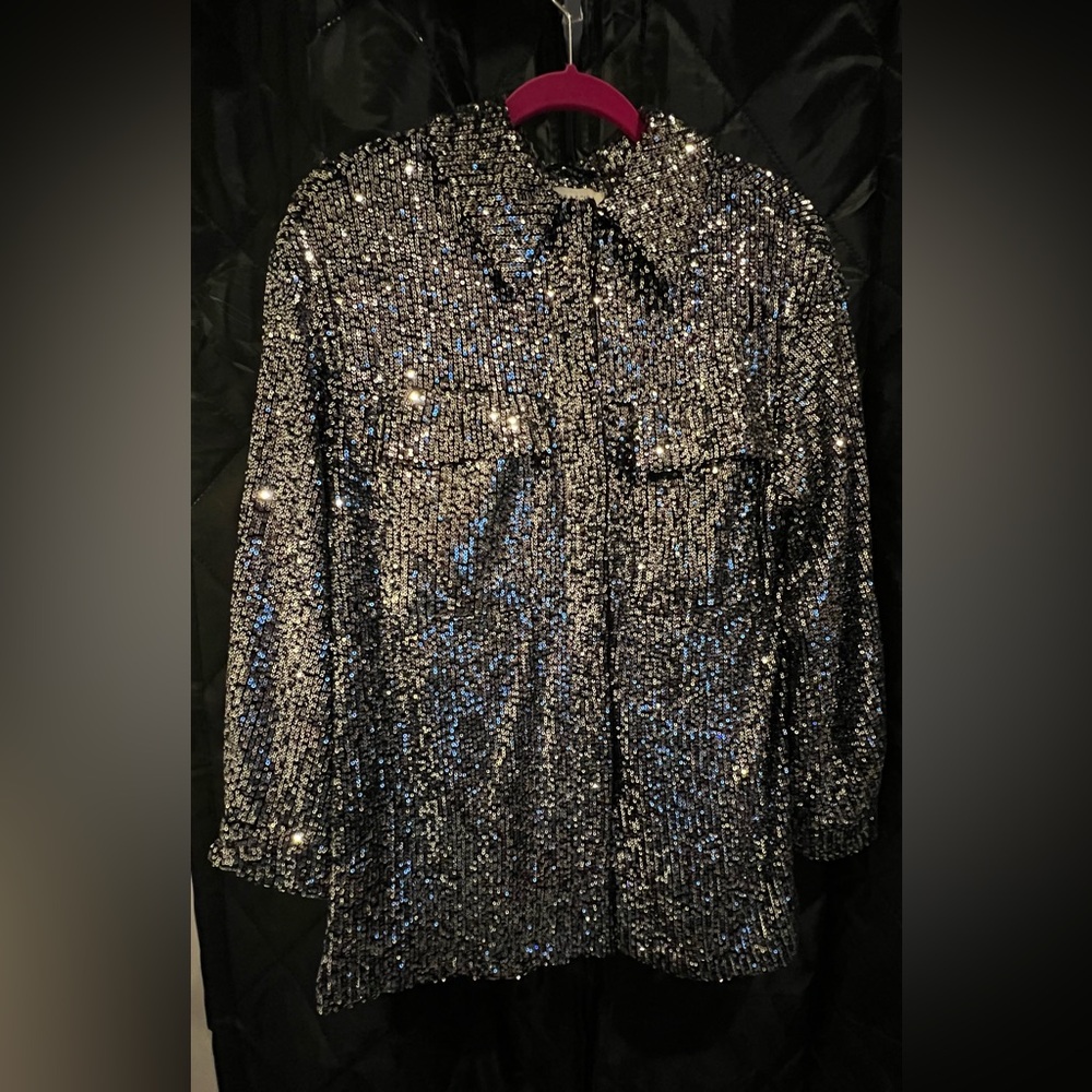 Sequin Shacket - NWT - Silver - Top Shop Shirt/Jacket - Button up w Pockets